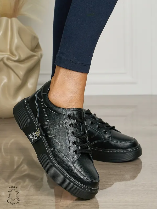 Pantofi dama din piele naturala cu siret CONFORTABILE CU MODEL LATERAL CRL1461NEGRU