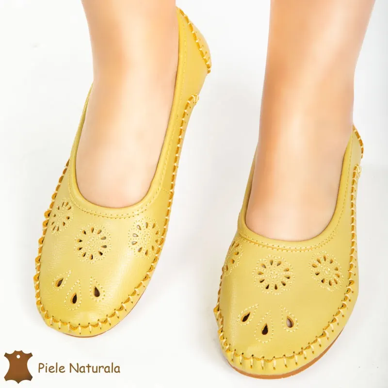 Balerini dama din Piele Naturala cu talpa flexibila CRL0178 GALBEN
