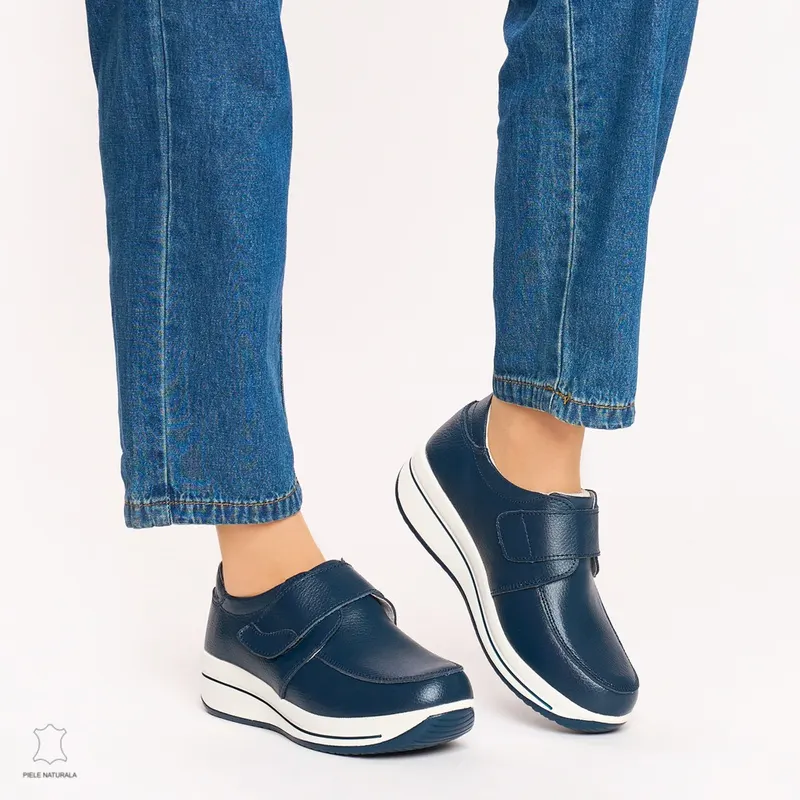 Mocasini dama din piele naturala cu talpa groasa CRL0004 NAVY