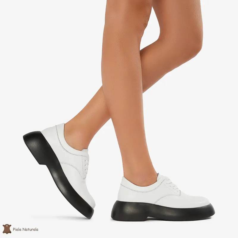 Pantofi Casual de dama din Piele naturala cu talpa groasa CRL0524 Alb