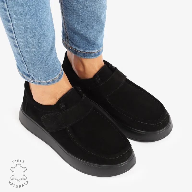 MOCASINI dama din Piele Naturala INTOARSA CU INCHIDERE VELCRO CRL1227 NEGRU