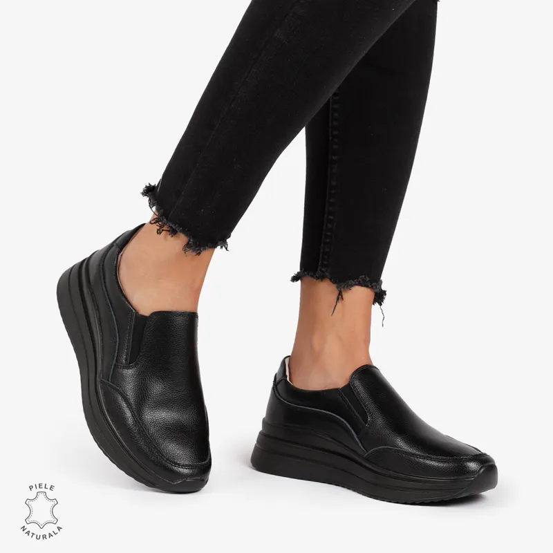 Pantofi Casual de dama din Piele Naturala Slip-On CRL1204 NEGRU