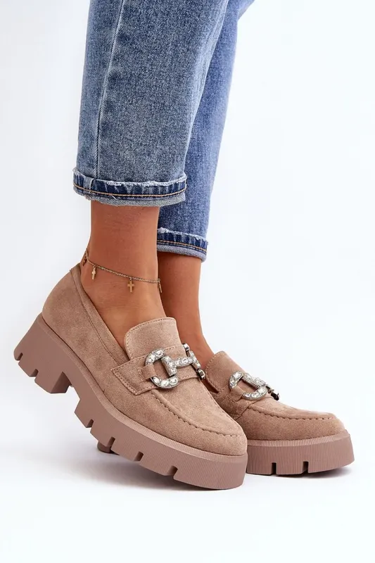 Mocasini DAMA din PIELE ECOLOGICA INTOARSA CU PIETRE STRALUCITOARE CRL0974 CULOARE: Bej