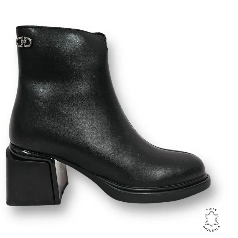 Botine DAMA din PIELE NATURALA CU TOC GROS Negru CRL0905