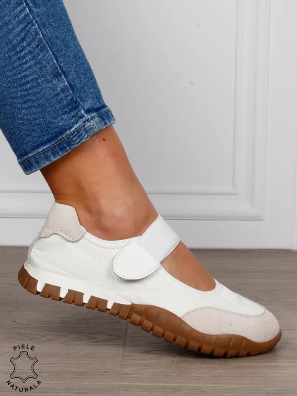 Balerini damă din piele naturală întoarsă și material textil, cu branț din piele naturală CRL1562 ALB