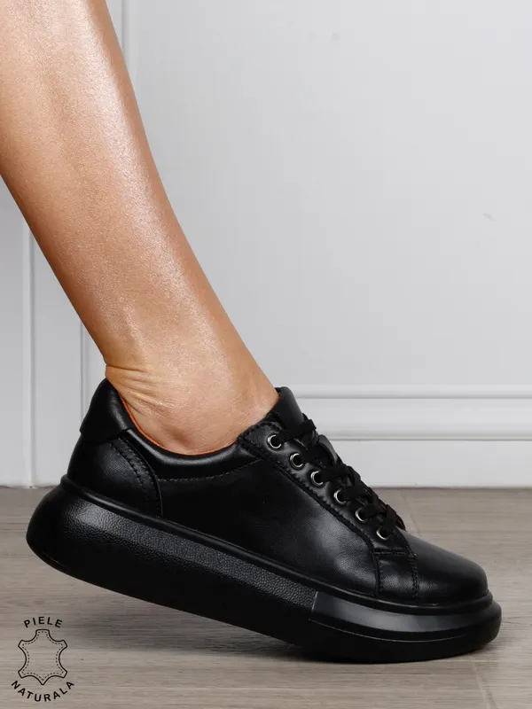 Pantofi Casual Damă din Piele Naturală cu Șiret CRL1802 NEGRU