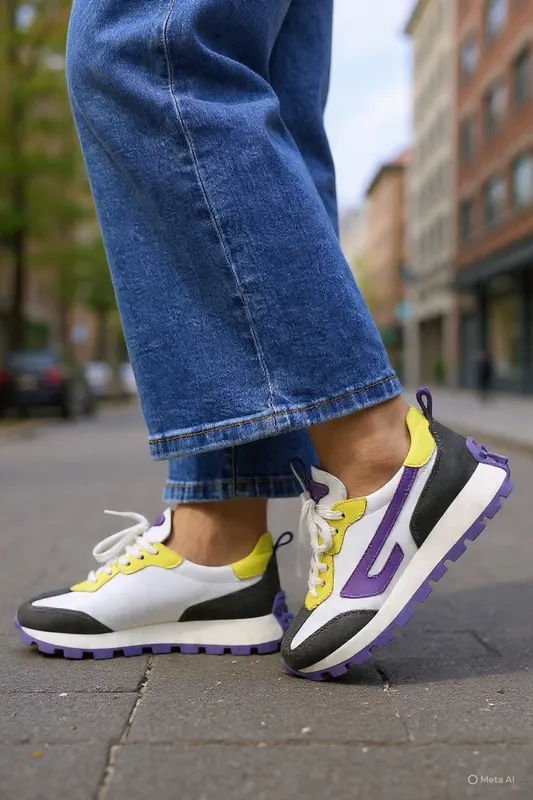 Sneakers din Piele Albi Mov si Galben - CORE YELLOW