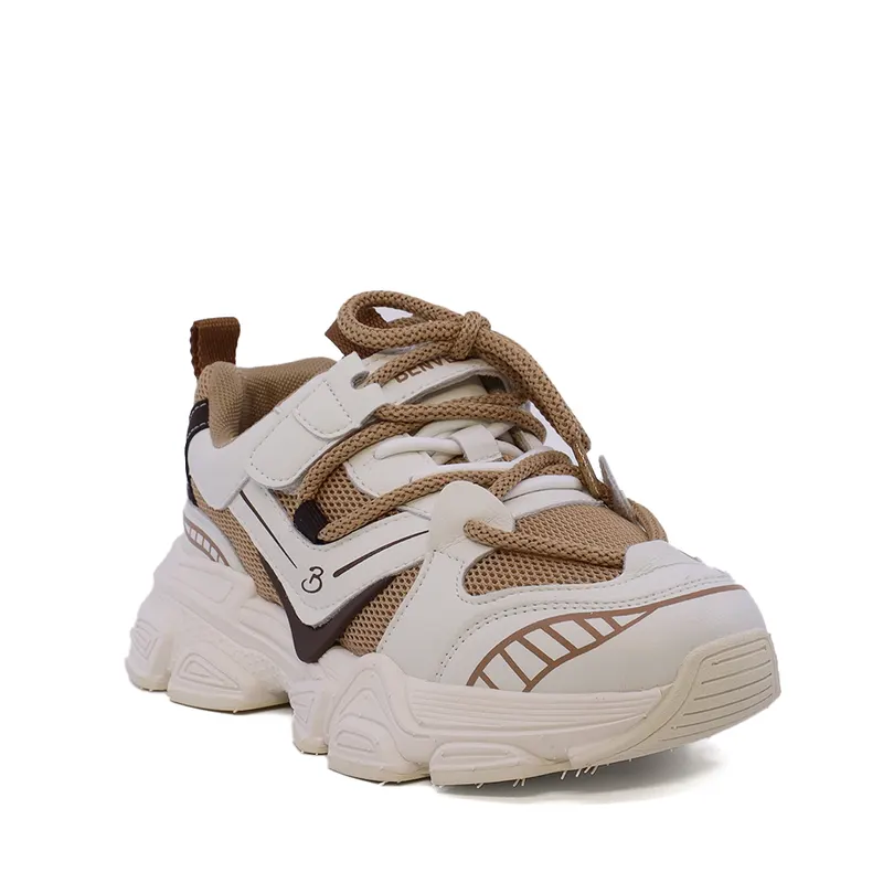 Sneakers fetițe bej din piele și material textil 3791FP060BE — imaginea 2