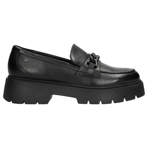 Mocasini negri cu talpa groasă și lănțișir decorativ damă