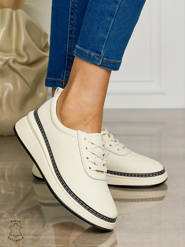 Pantofi CASUAL dama din piele naturala cu siret CONFORTABILE CRL1460 BEJ