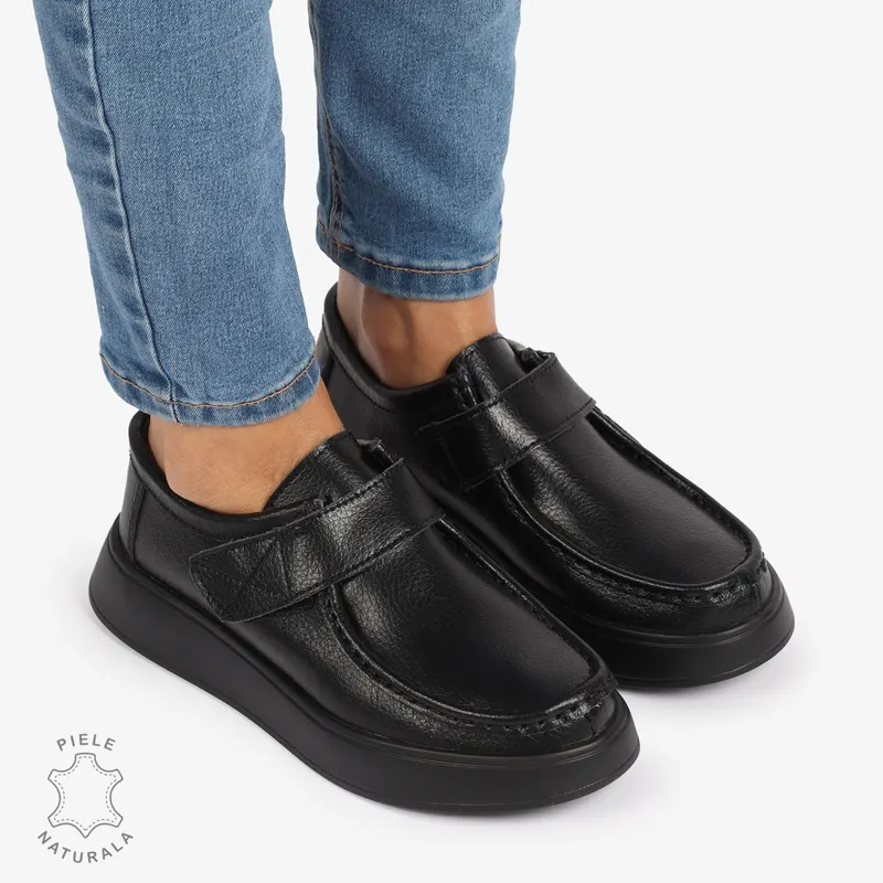 MOCASINI dama din Piele Naturala CU INCHIDERE VELCRO CRL1227 NEGRU