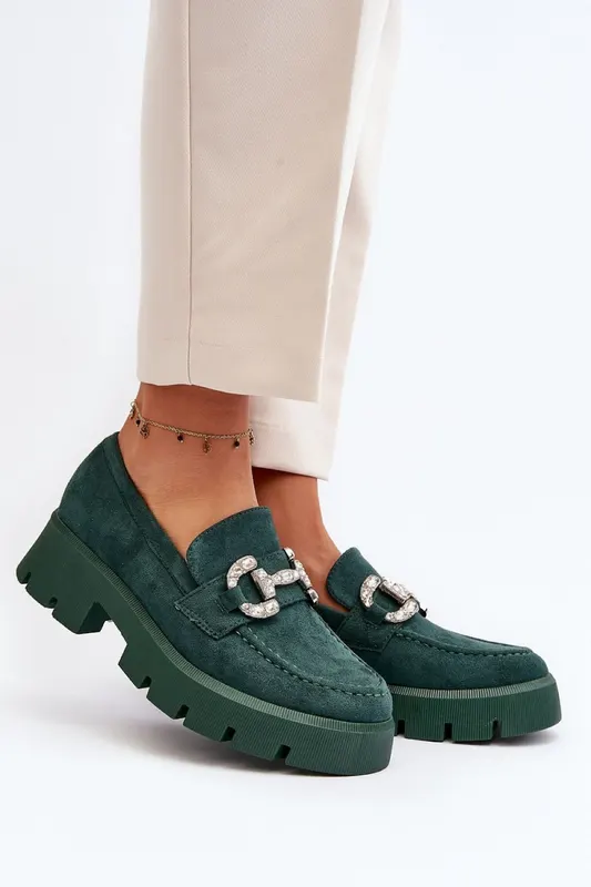 Mocasini DAMA din PIELE ECOLOGICA INTOARSA CU PIETRE STRALUCITOARE CRL0974 CULOARE: Verde