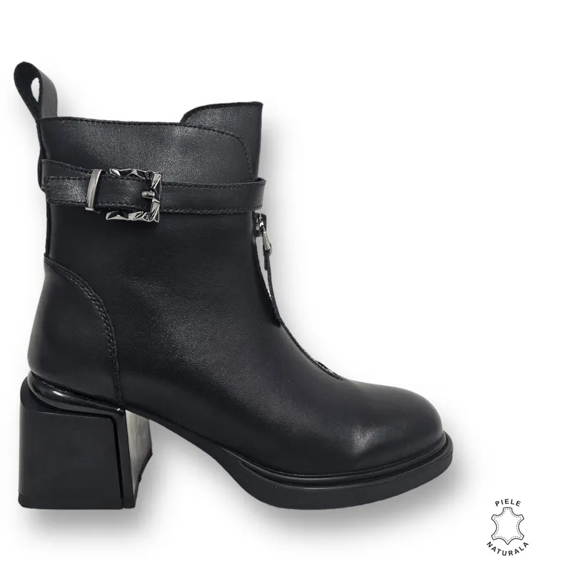 Botine DAMA din PIELE NATURALA CU TOC GROS CRL0904 CULOARE: NEGRU