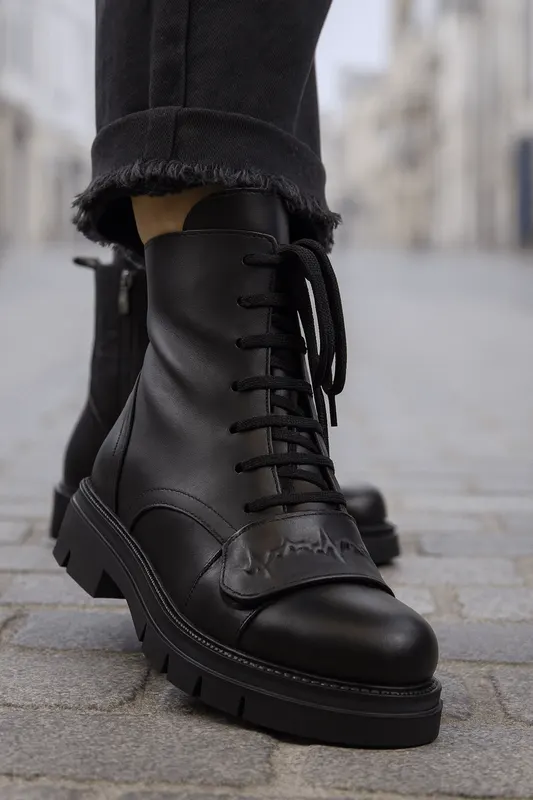 Ghete Casual Dama din Piele Negre cu Accesoriu - FATE