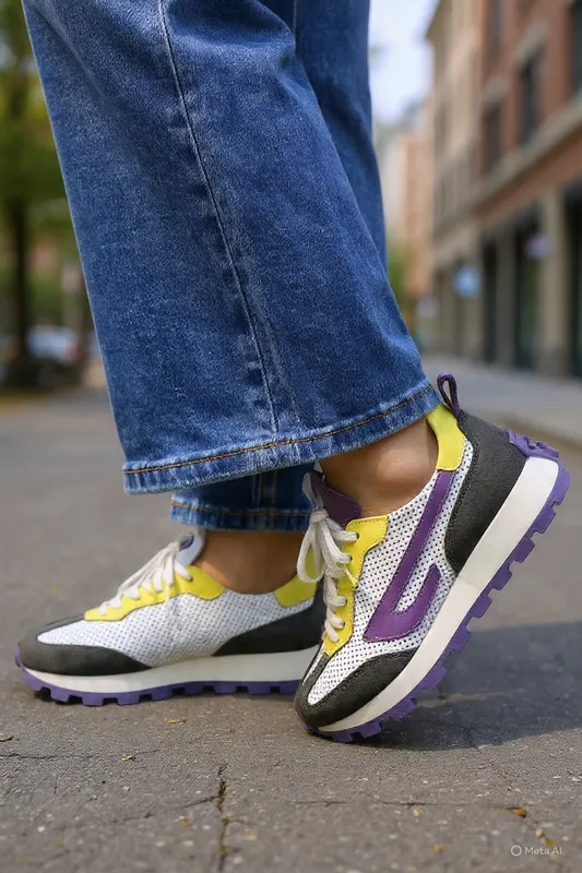 Sneakers din Piele Albi Mov si Galben - CORE YELLOW P