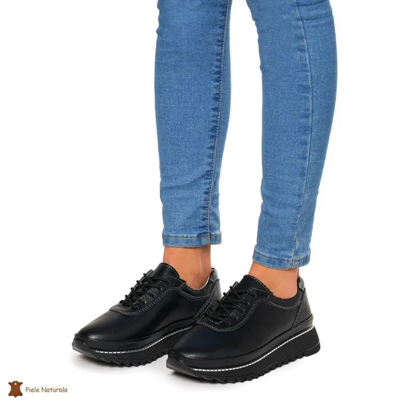 Pantofi Casual dama din Piele naturala cu talpa groasa CRL0048 NEGRU