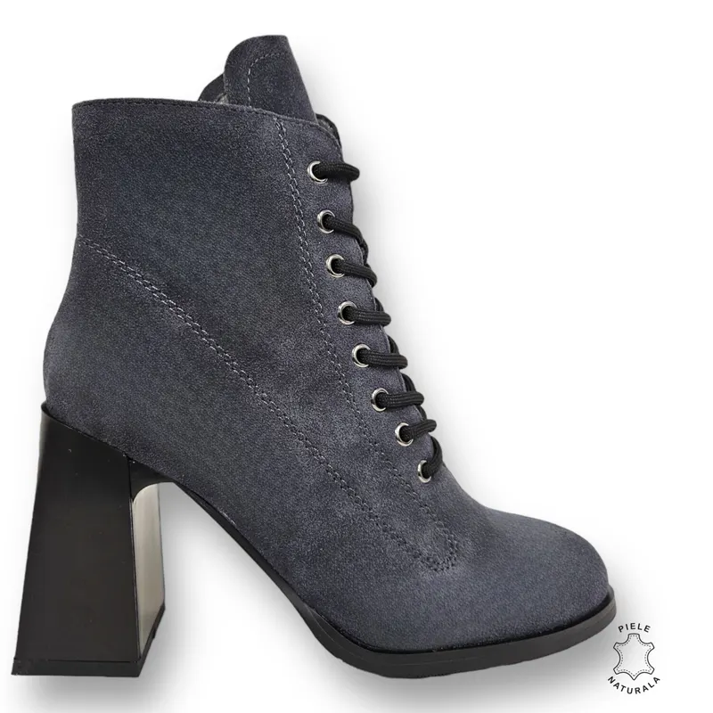 BOTINE DAMA din PIELE NATURALA INTOARSA CU TOC GROS CRL0899 CULOARE:GRI INCHIS