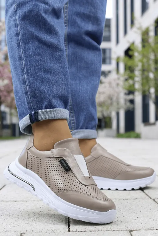 Sneakers Slip-on din Piele Grej cu Elastic - TYA TAUPE