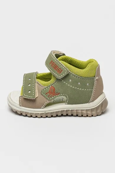 Sandale din piele intoarsa ecologica cu velcro - Gri/Verde pal