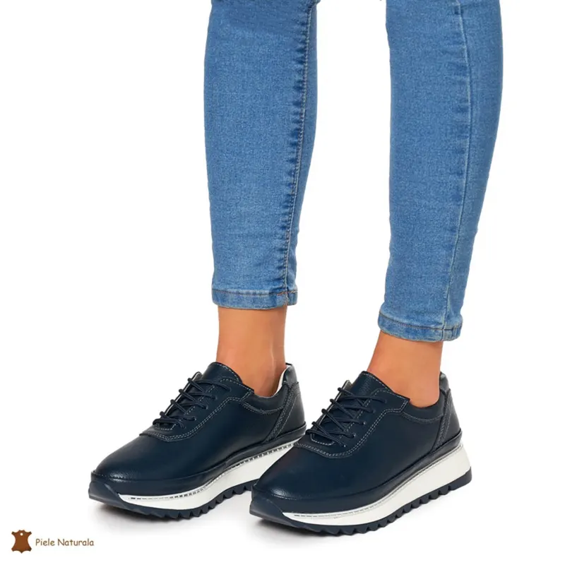 Pantofi Casual dama din Piele naturala cu talpa groasa CRL0048 BLEUMARIN