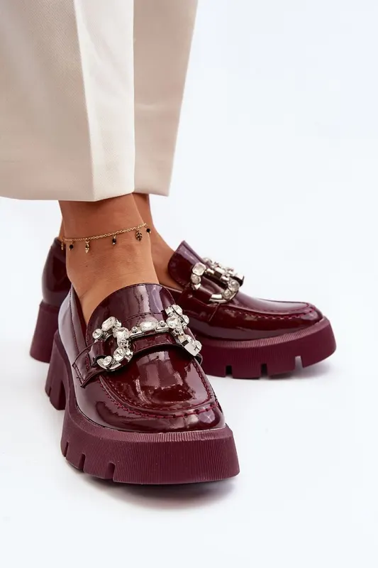 Mocasini DAMA din PIELE ECOLOGICA LACUITA CU PIETRE STRALUCITOARE CRL0973 CULOARE: Bordo