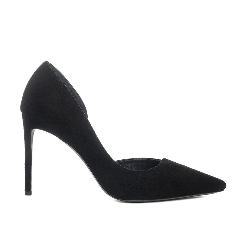 Pantofi Ava cu Decupaj Interior, Piele Intoarsa, Neagra - Premium Collection