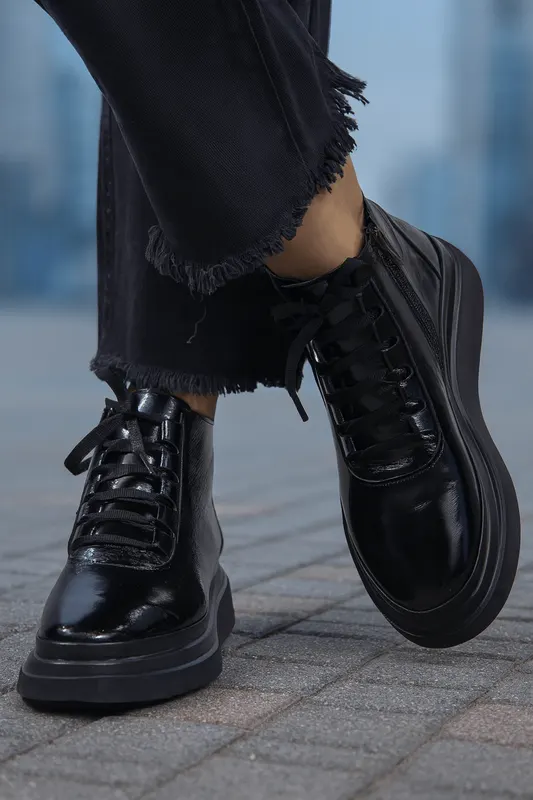 Ghete Casual Dama din Piele Lacuita Negre - COZA