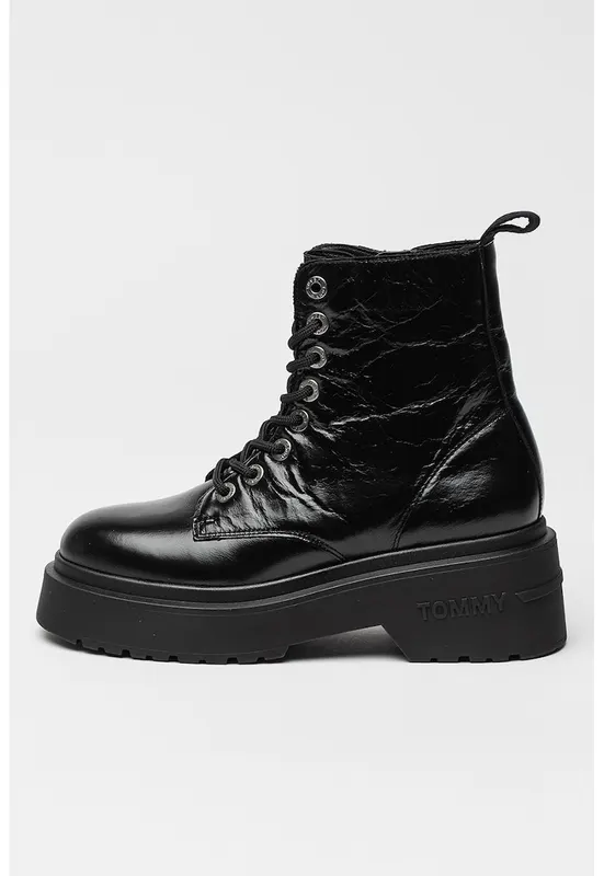 Ghete din piele cu talpa flatform - Negru
