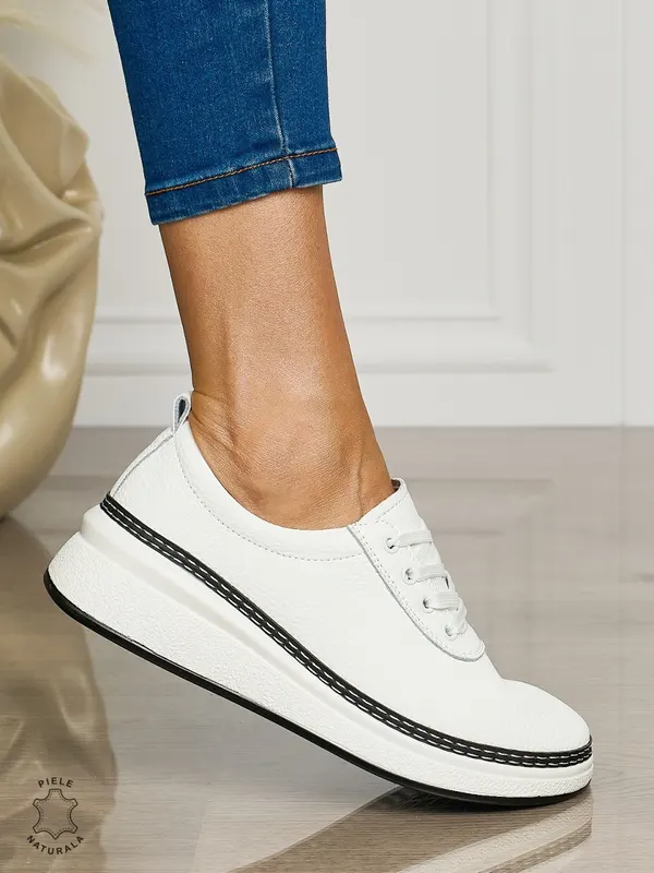 Pantofi CASUAL dama din piele naturala cu siret CONFORTABILE CRL1460 ALB