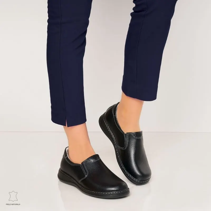 Mocasini dama din piele naturala cu talpa plata CRL0014 NEGRU