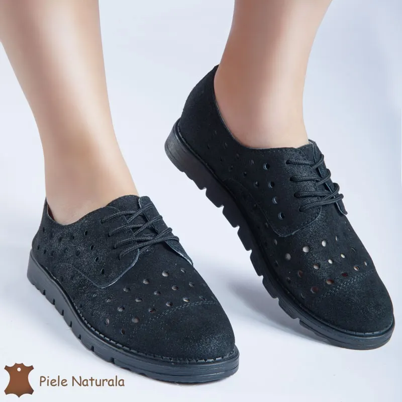 Pantofi Casual de dama perforati din Piele Naturala cu talpa joasa CRL0166 NEGRU