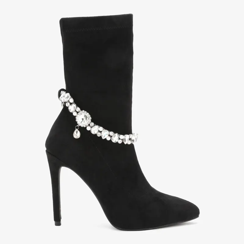 Cizme elegante de dama din piele ecologica intoarsa cu detaliu detașabil CRL0691 Negre