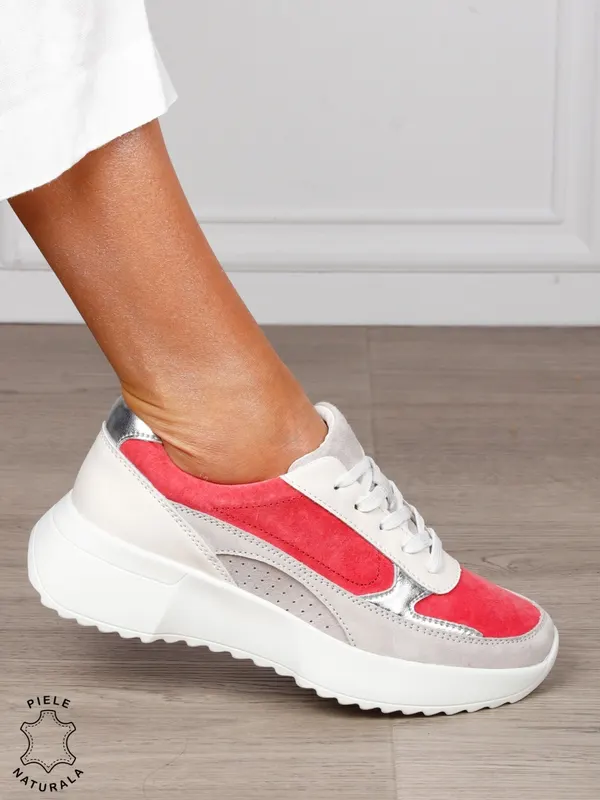 Pantofi sport damă din piele naturală și piele naturală întoarsă, multicolor CRL1564 ROZ