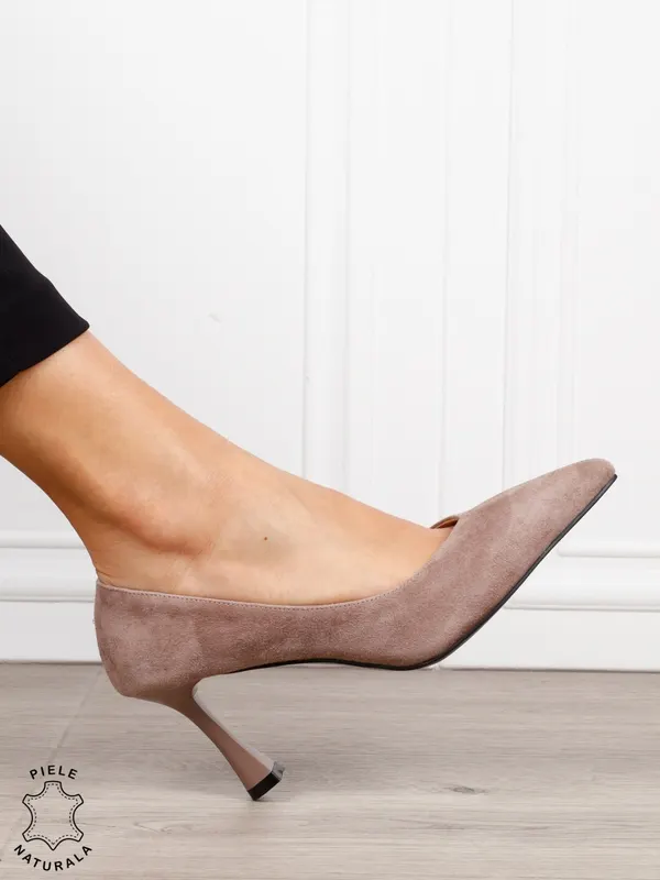 Pantofi dama eleganti din piele naturala Intoarsa cu toc Special CRL1623 KHAKI