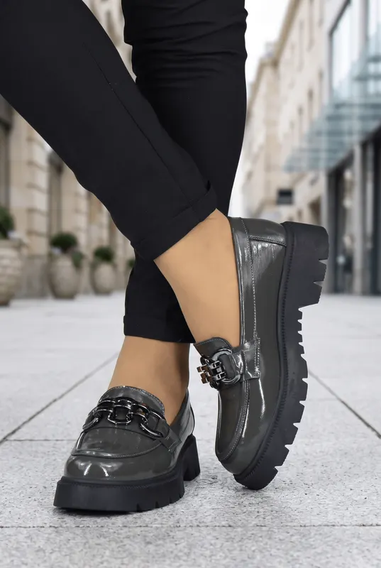 Mocasini din Piele Lac Gri cu Accesoriu - Marby GREY