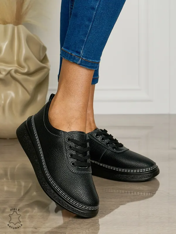Pantofi CASUAL dama din piele natural cu siret CONFORTABILE CRL1460 NEGRU