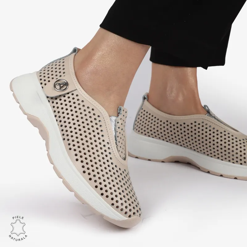 PANTOFI CASUAL dama din Piele naturala Perforata TIP SLIP-ON CRL1415 ROZ