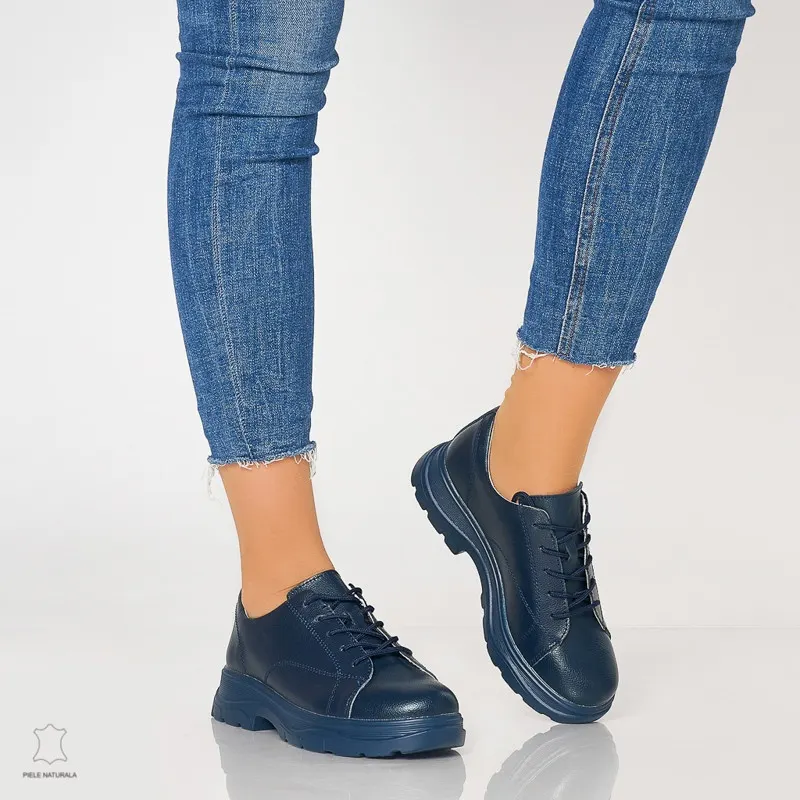 Pantofi casual de dama din piele naturala cu talpa aderenta CRL0010 Navy