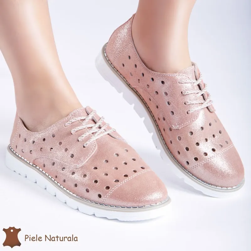 Pantofi Casual de dama perforati din Piele Naturala cu talpa joasa CRL0166 ROZ