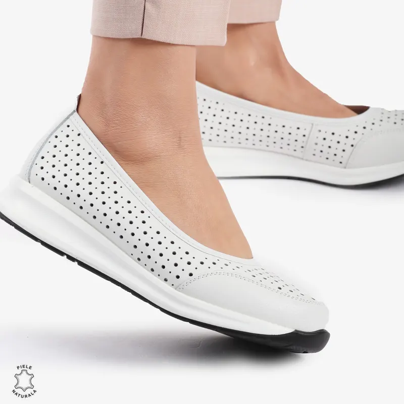 Balerini dama din Piele Naturala Slip-On CRL0721 ALB
