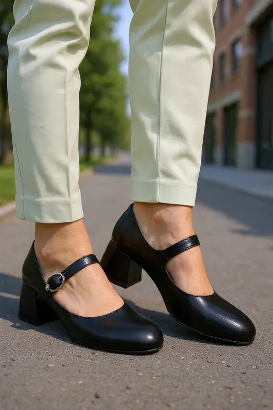 Pantofi Eleganti cu Bareta din Piele Neagra - BYV BLACK