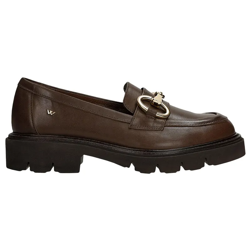 Mocasini maro din piele cu decor auriu