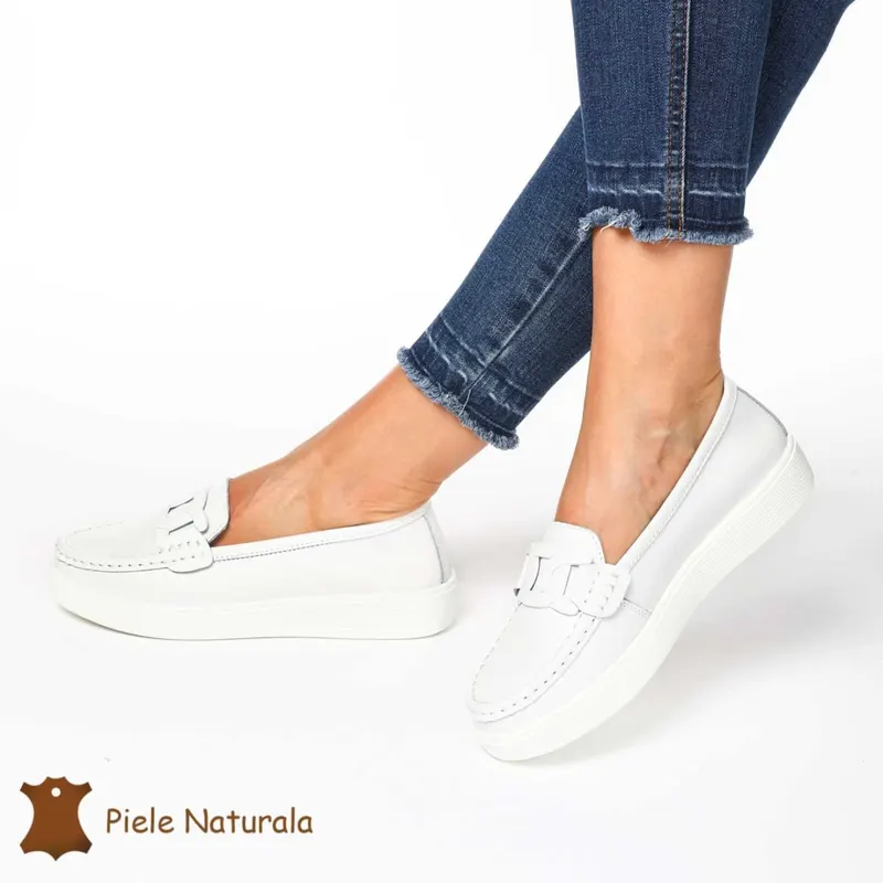Mocasini Dama Piele Naturala cu talpa plata CRL0206 ALB