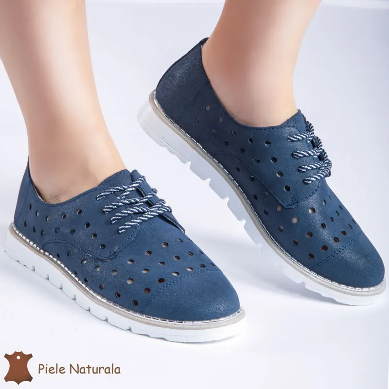 Pantofi Casual de dama perforati din Piele Naturala cu talpa joasa CRL0166 bleumarin