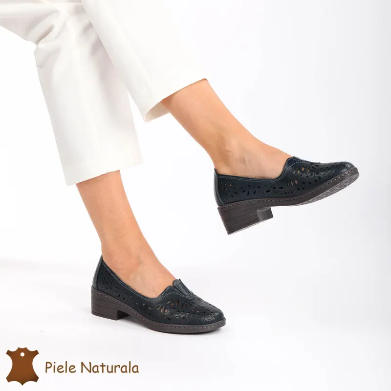 Pantofi Perforati dama din Piele Naturala cu mici perforatii CRL0201 BLEUMARIN