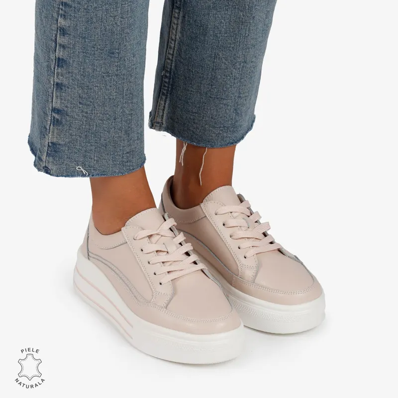 Pantofi Casual de dama din Piele Naturala cu talpa inalta si Dungi CRL1203 Roz