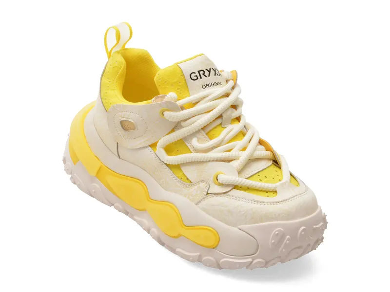 Pantofi sport galbeni, 5373, din material textil si piele naturala