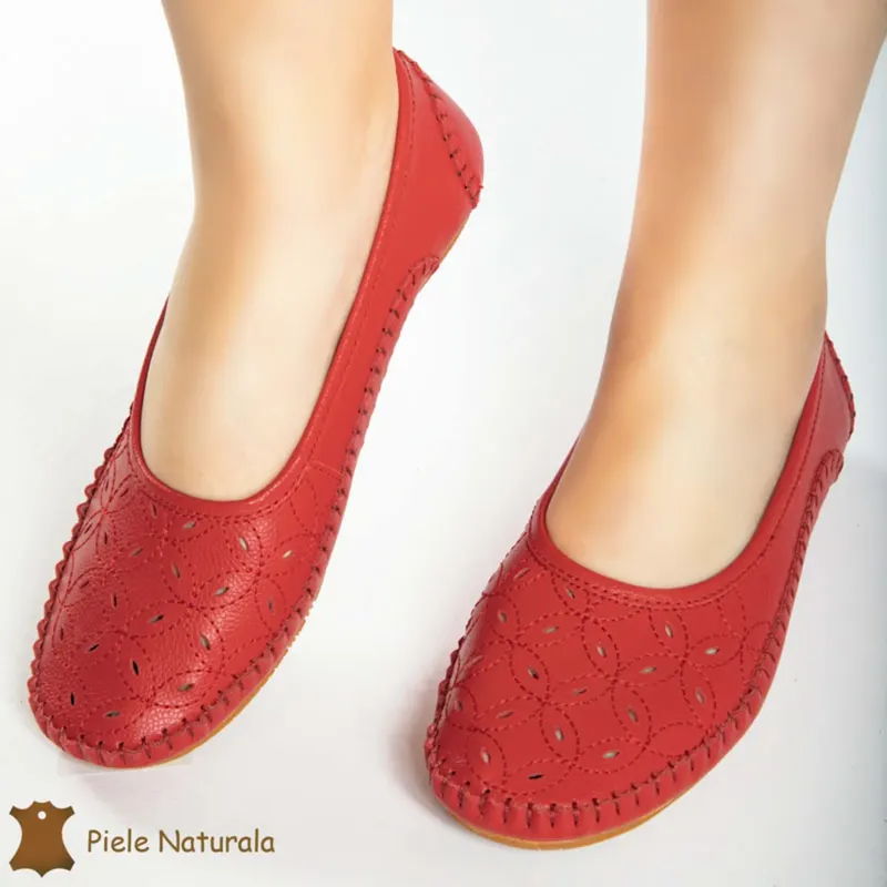 Balerini dama din Piele Naturala cu mici perforatii CRL0180 ROSU