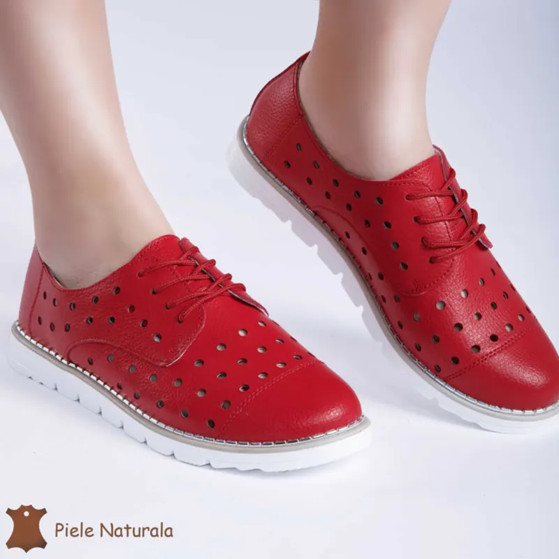 Pantofi Casual de dama perforati din Piele Naturala cu talpa joasa CRL0166 ROSU