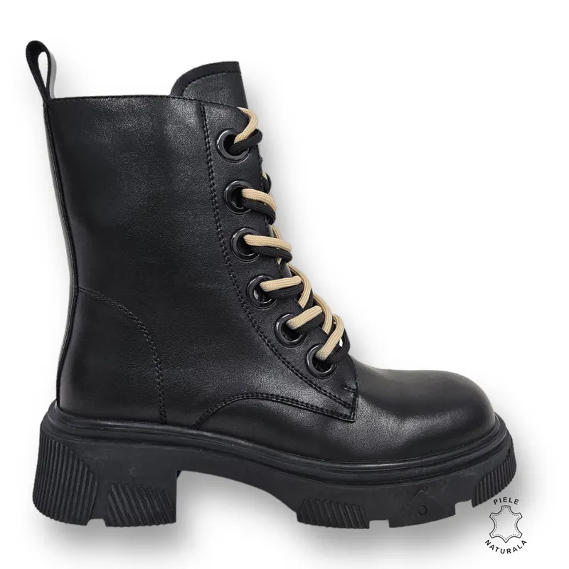 GHETE DAMA din PIELE NATURALA cu siret Dublu CRL0897 CULOARE:Negru